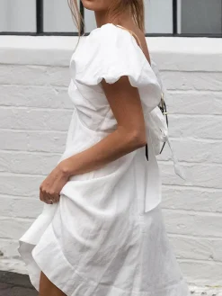 Cotton V-Neck Puff Sleeves Backless Dress