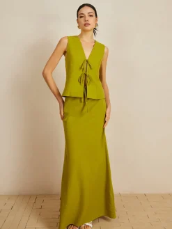 Cotton V-Neck Tie Front Skirt Set