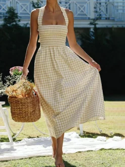 Countryside Plaid Print Halter Criss Cross Long Dress