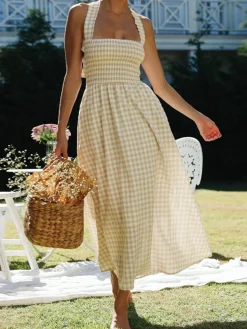 Countryside Plaid Print Halter Criss Cross Long Dress