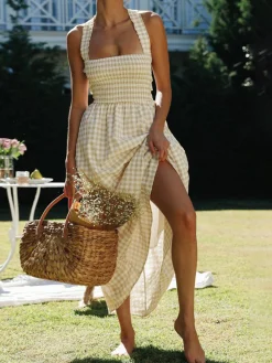 Countryside Plaid Print Halter Criss Cross Long Dress