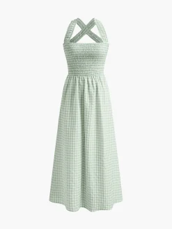 Countryside Plaid Print Halter Criss Cross Long Dress