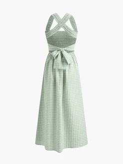 Countryside Plaid Print Halter Criss Cross Long Dress