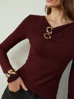 Cowl Neck Metal Decor Slim Blouse