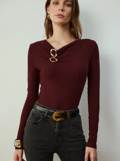 Cowl Neck Metal Decor Slim Blouse