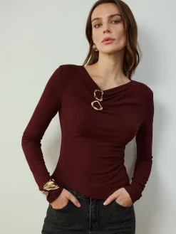 Cowl Neck Metal Decor Slim Blouse