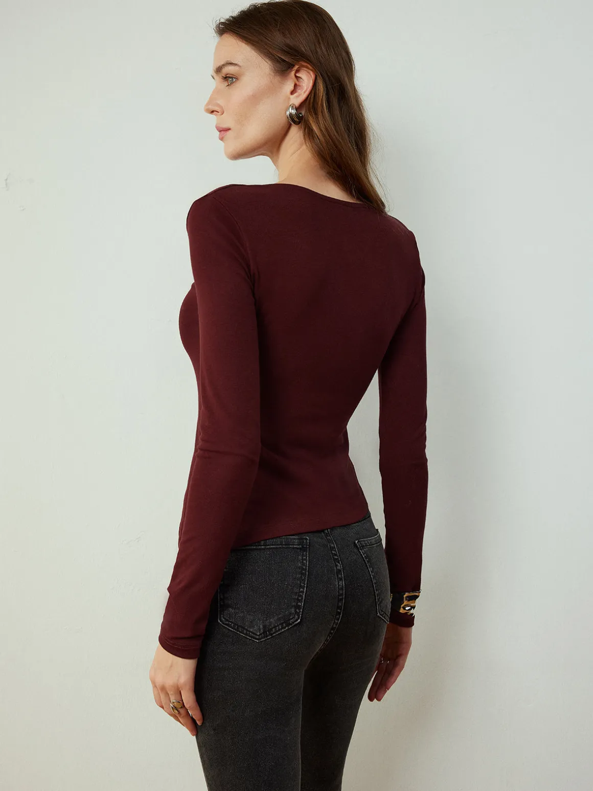 Cowl Neck Metal Decor Slim Blouse