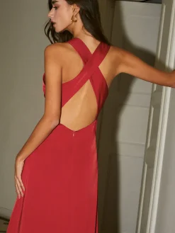 Cowl Neck Satin Back Cross Long Dress