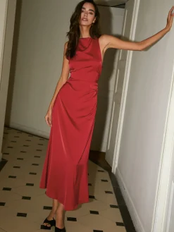 Cowl Neck Satin Back Cross Long Dress