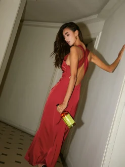Cowl Neck Satin Back Cross Long Dress