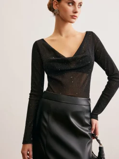 Cowl Neck Sequins Thin Blouse
