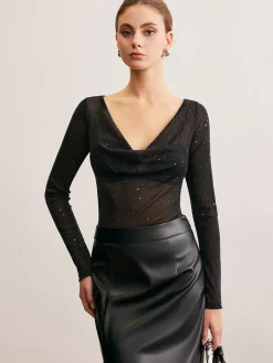 Cowl Neck Sequins Thin Blouse