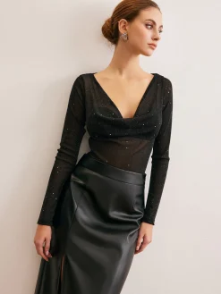 Cowl Neck Sequins Thin Blouse