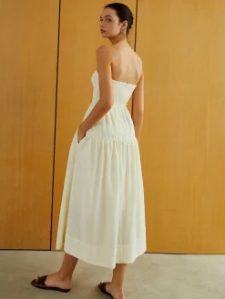 Creamy Zipper Pleated Midi Dress