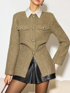Crew Neck Button Down Tweed Coat