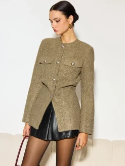 Crew Neck Button Down Tweed Coat