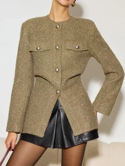 Crew Neck Button Down Tweed Coat