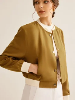 Crew Neck Contrast Trim Button Jacket