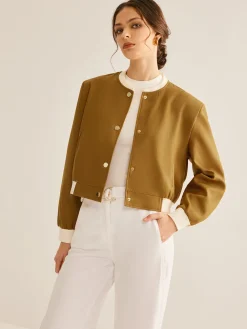 Crew Neck Contrast Trim Button Jacket