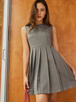 Crew Neck Panel Pleated Tank Dress