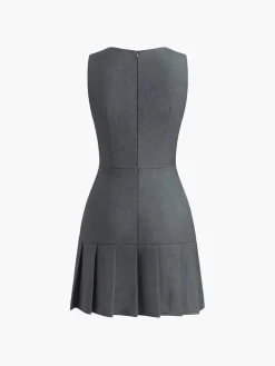Crew Neck Pleated Zipper Plain Dress