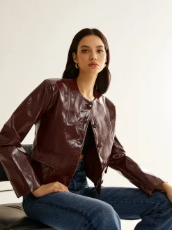 Crew Neck PU Leather Short Blazer