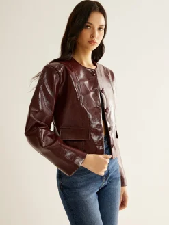 Crew Neck PU Leather Short Blazer