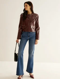 Crew Neck PU Leather Short Blazer