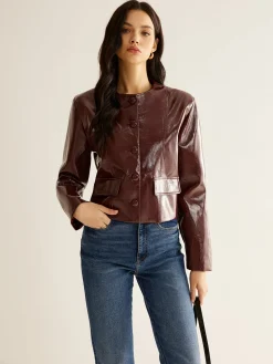 Crew Neck PU Leather Short Blazer