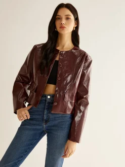 Crew Neck PU Leather Short Blazer