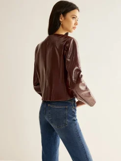 Crew Neck PU Leather Short Blazer