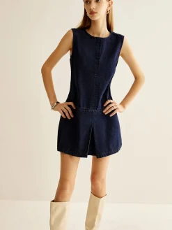 Crew Neck Sleeveless Denim Dress