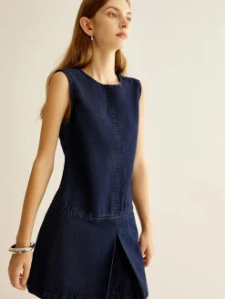 Crew Neck Sleeveless Denim Dress