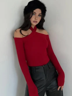 Criss Cross Cold-Shoulder Ribbed Top