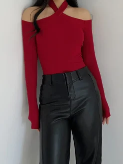 Criss Cross Cold-Shoulder Ribbed Top