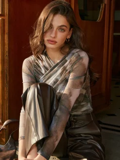 Criss Cross Printed Mesh Blouse