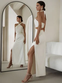 Crisscross Cutout Halter Split Knit  Long Dress