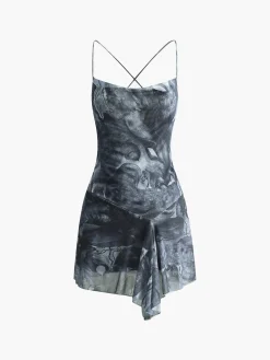 Crisscross Print Asymmetrical Hem Short Dress