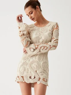 Crochet Paisley Long Sleeve Short Dress