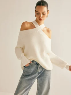 Cross-Over Collar Cold-Shoulder Sweater
