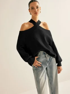 Cross-Over Collar Cold-Shoulder Sweater