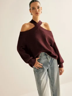 Cross-Over Collar Cold-Shoulder Sweater