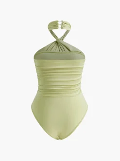 Cross-Over Collar Pleated Bodysuit