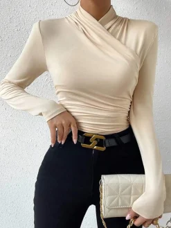 Cross-Over Collar Pleated Cinched T-Shirt