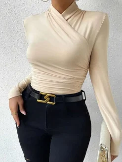 Cross-Over Collar Pleated Cinched T-Shirt