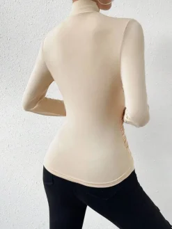 Cross-Over Collar Pleated Cinched T-Shirt