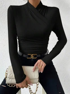 Cross-Over Collar Pleated Cinched T-Shirt