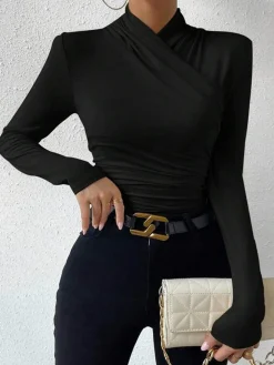 Cross-Over Collar Pleated Cinched T-Shirt