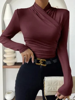 Cross-Over Collar Pleated Cinched T-Shirt