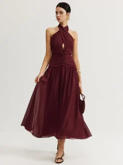 Cross-Over Halter Pleated Long Dress